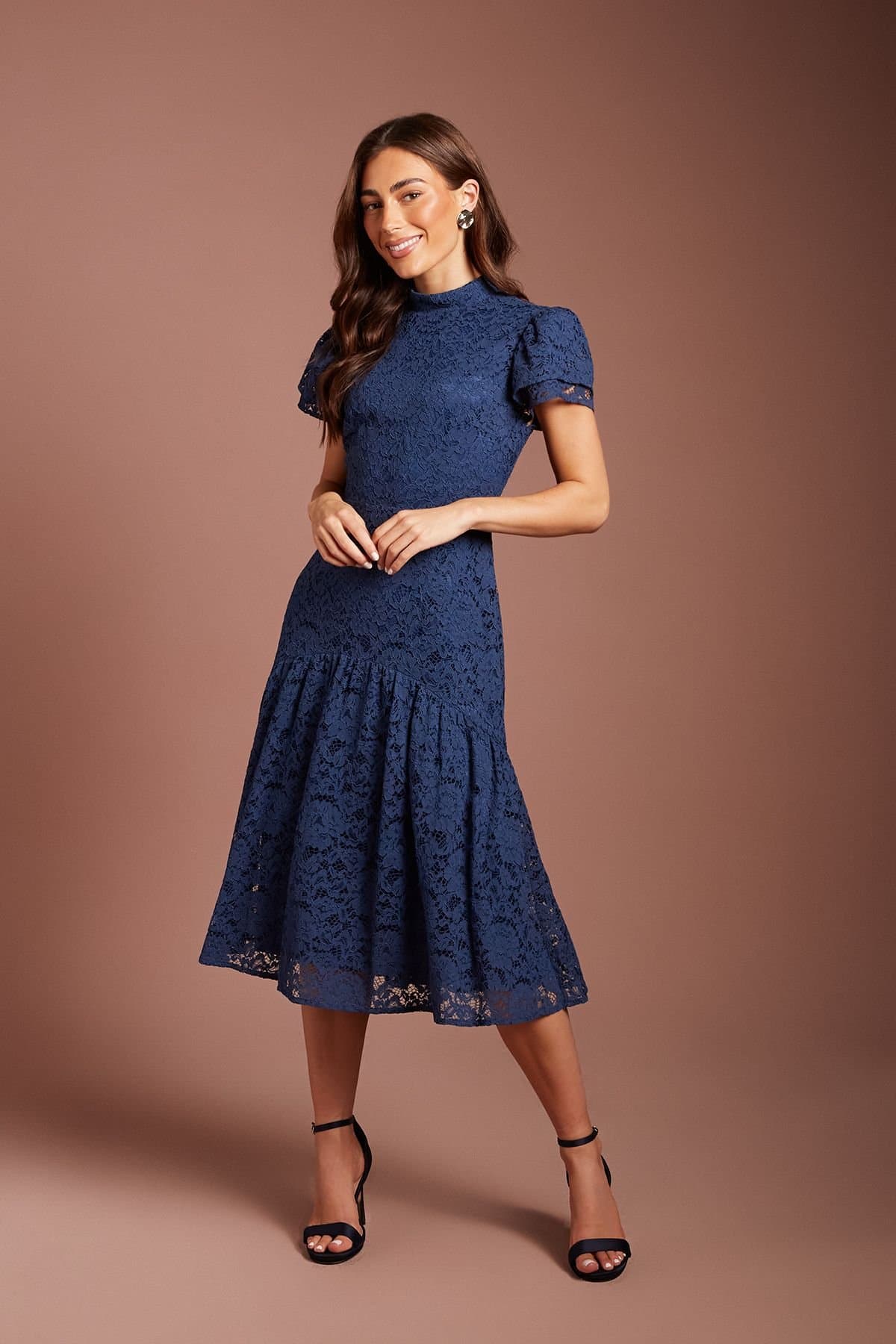 Coast Coast Women's Lace Frill Sleeve High Neck Midi Dress in Navy