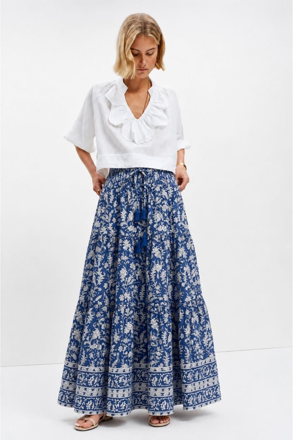 Soul of Sita Soul of Sita Women's Blue Brianne Woodblock print skirt with border