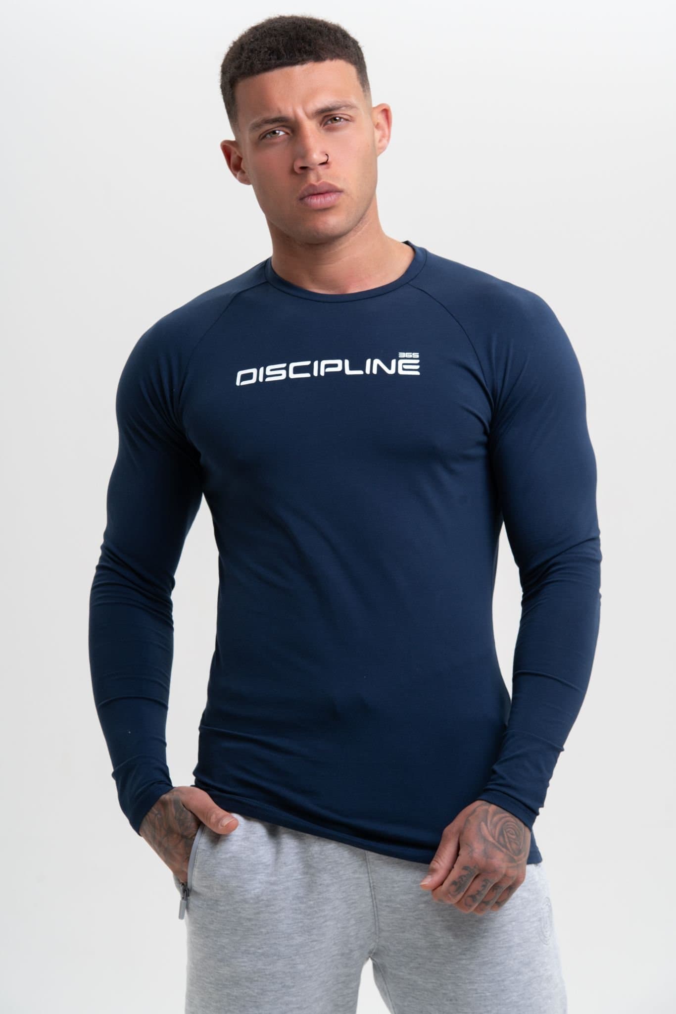 Discipline 365 Discipline 365 Men's Discipline Cotton Long Sleeve Fitted Gym Top in Navy