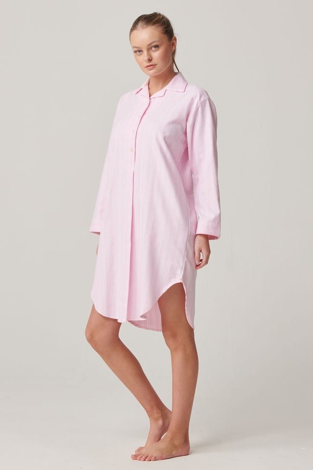 British Boxers British Boxers Women's "Westwood Pink" Stripe Brushed Cotton Nightshirt in Light Pink - 2