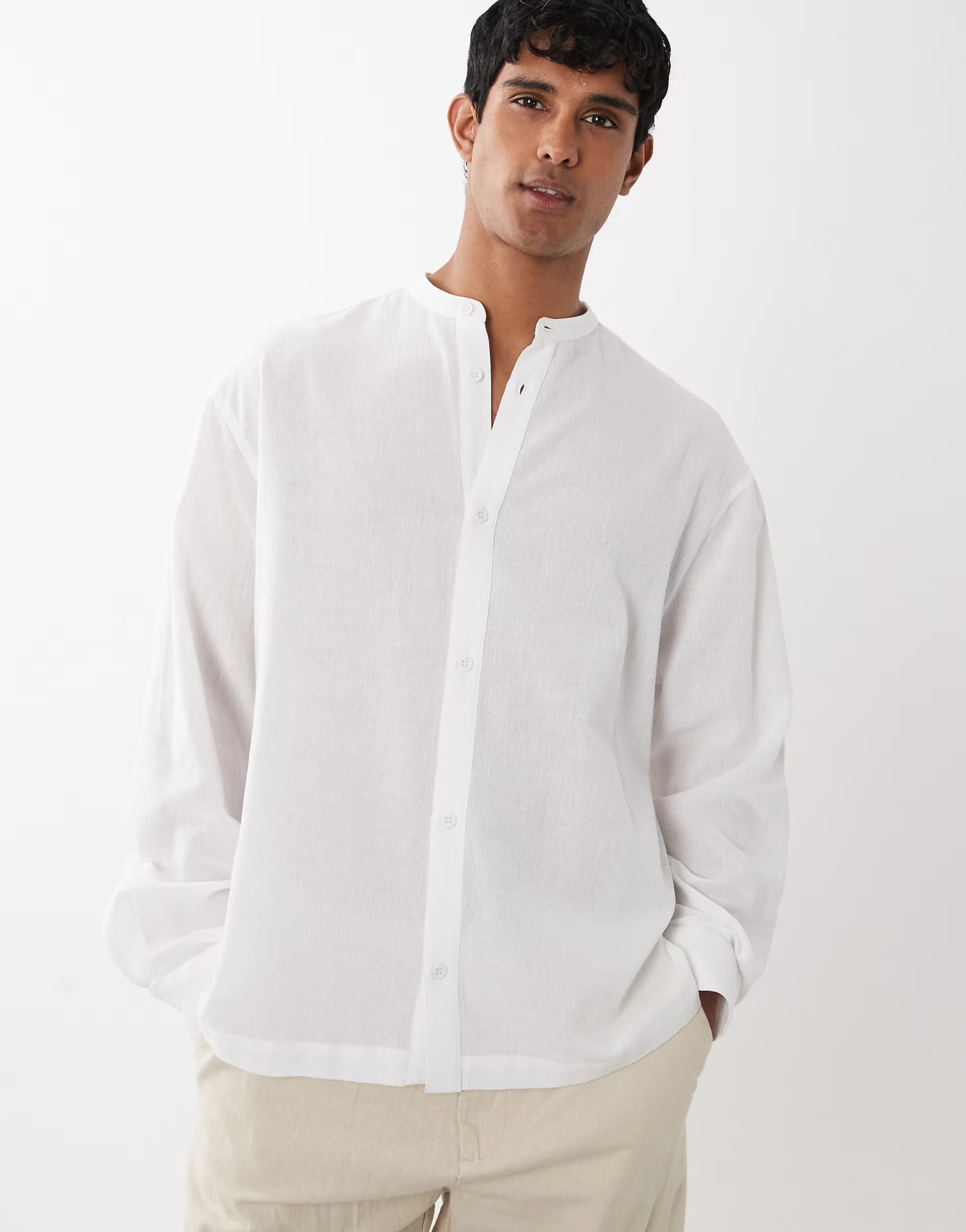 ASOS ASOS DESIGN oversized linen look shirt with grandad collar in white