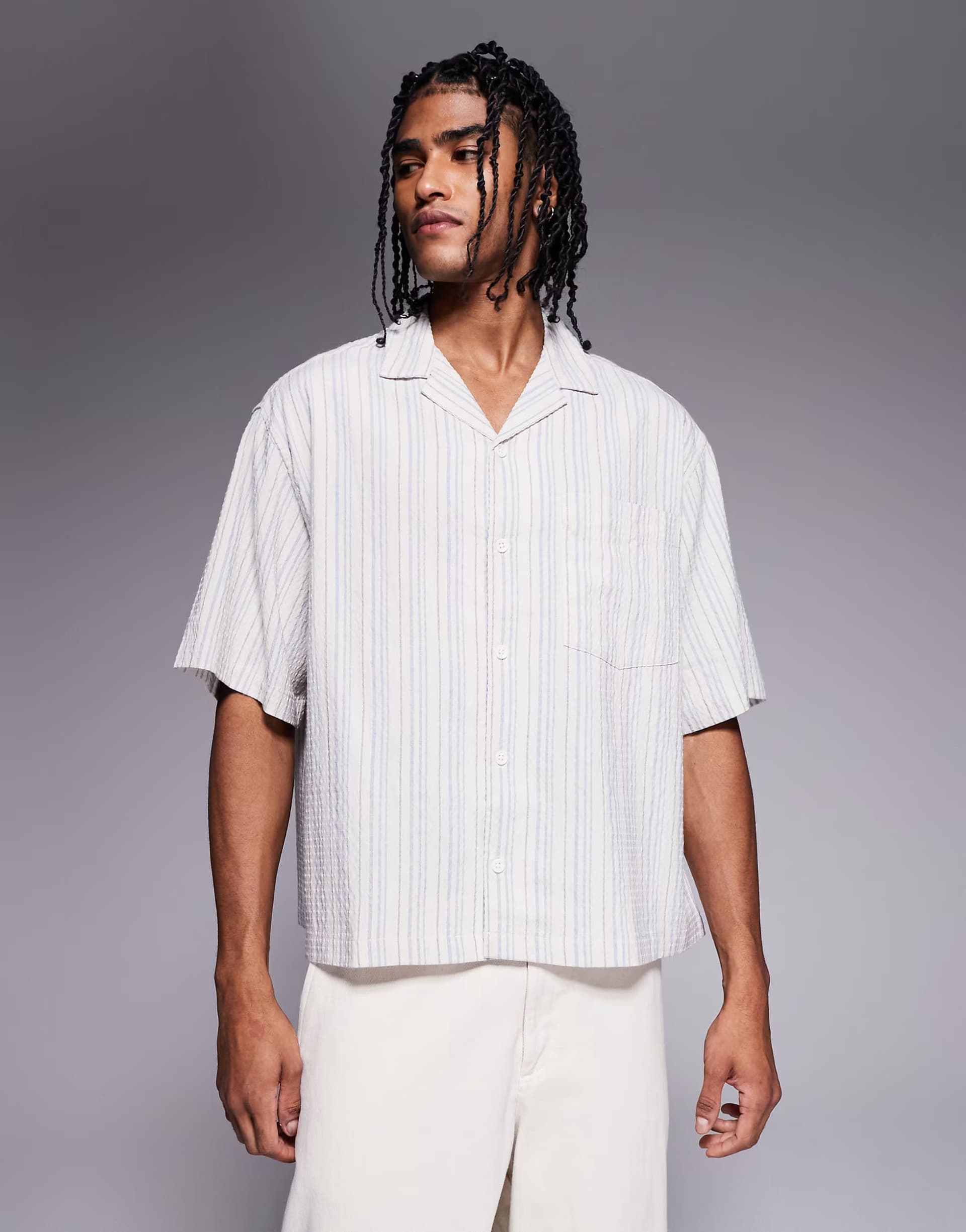 ASOS ASOS DESIGN boxy volume oversized seersucker shirt in blue stripe
