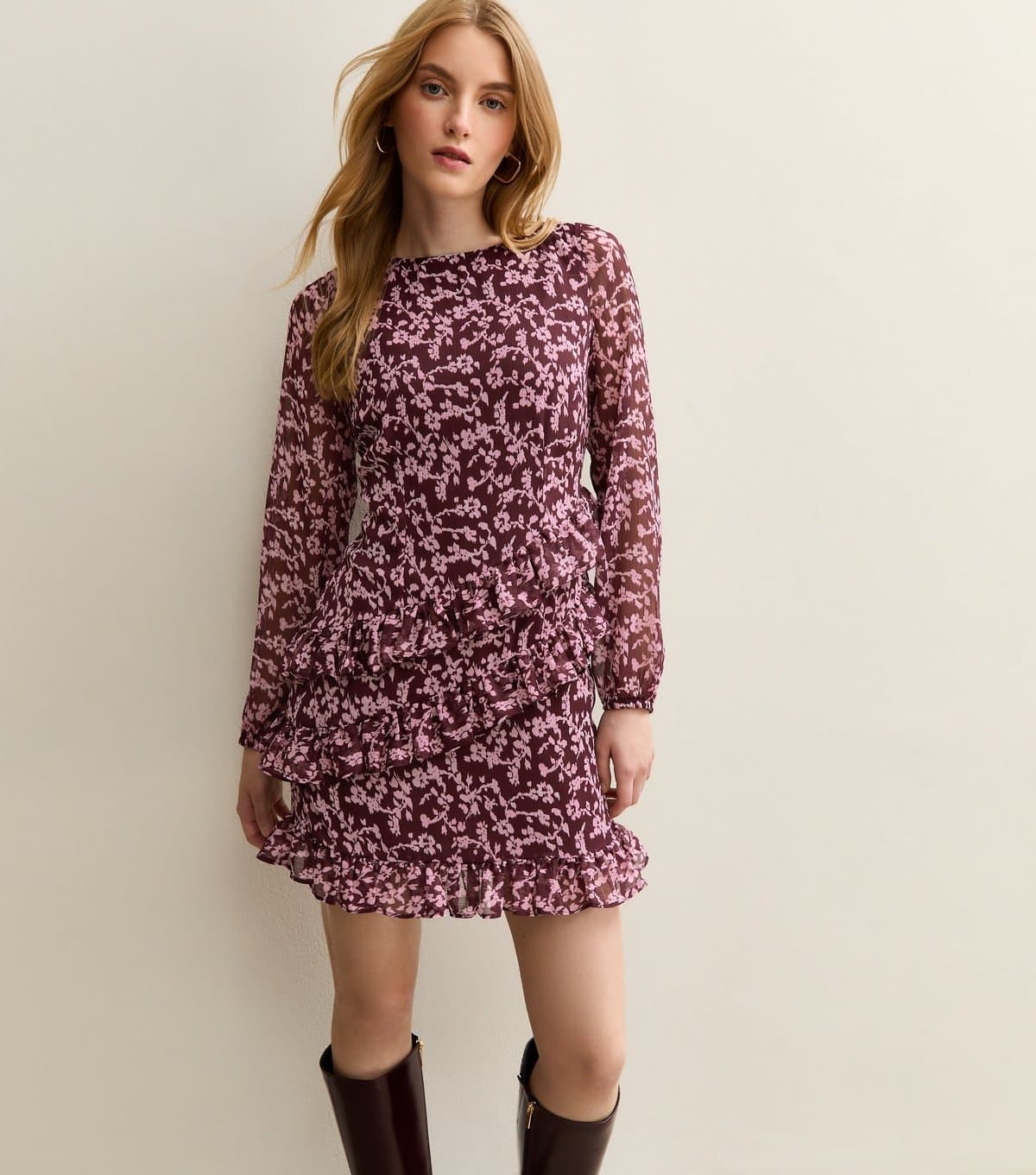 New Look Women's Red Floral Print Chiffon Frilly Trimmed Mini Dress New Look