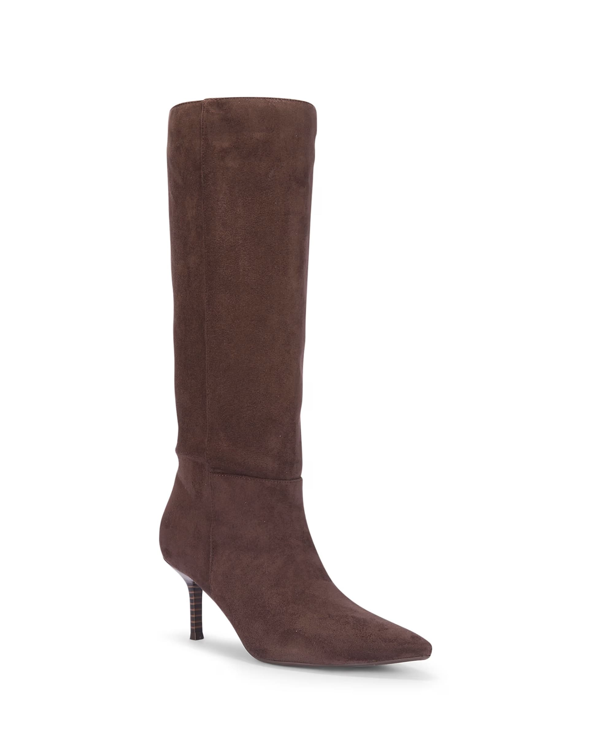 ASOS SEQWL Pointed toe knee high boots with stiletto high heels in chocolate