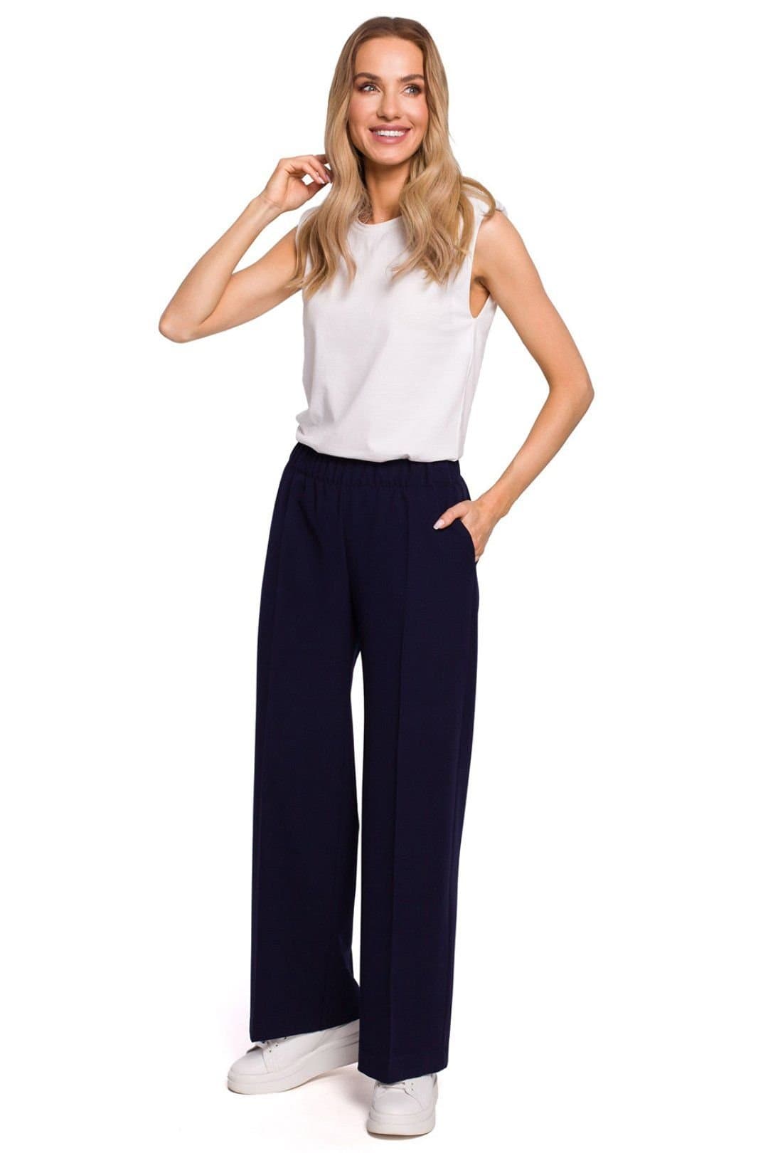 Love Lace Love Lace Blue Pleated Wide Leg Trousers with Elastic Waist