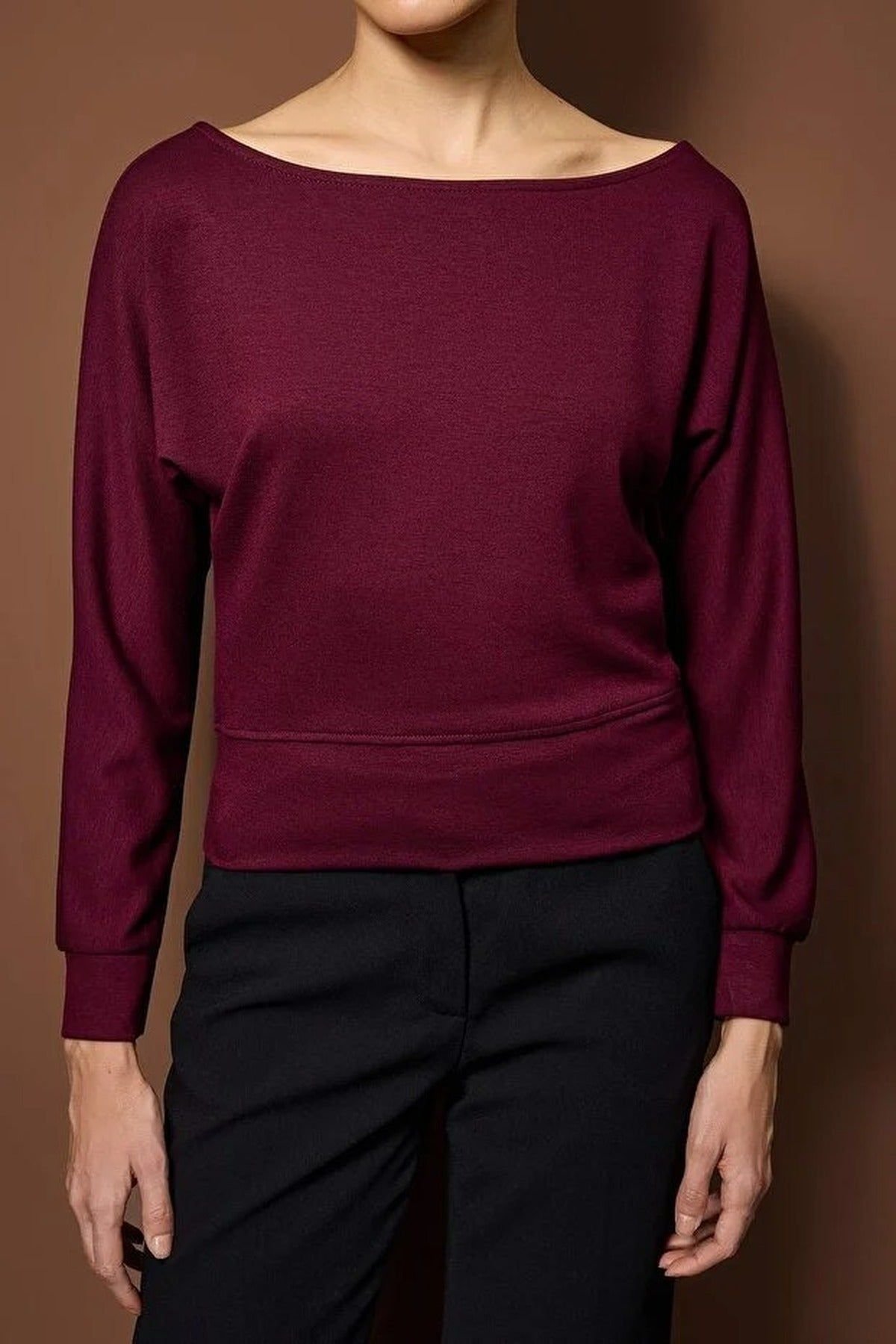 WOVCOR WOVCOR Women's Boat Neck Long Sleeve Stretch Knit Blouse in Burgundy - 2