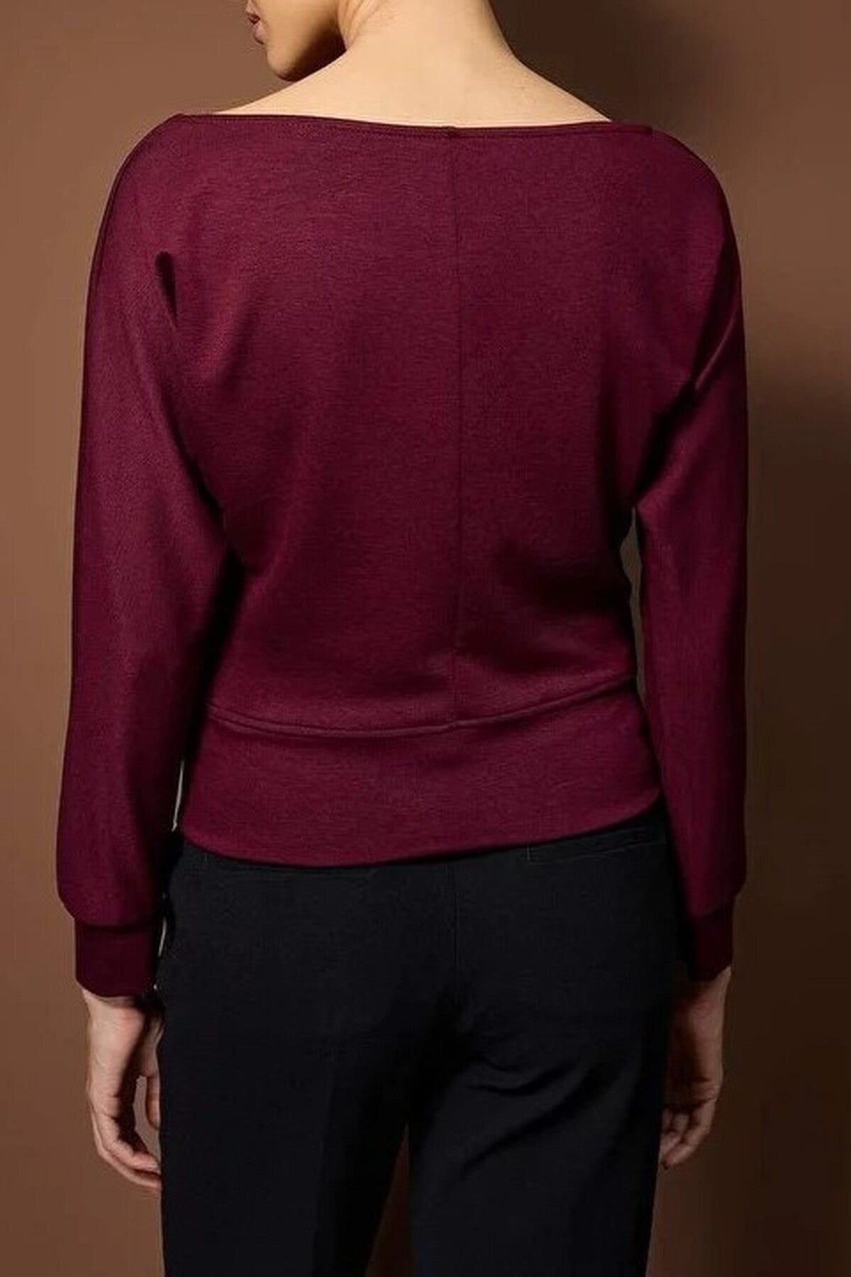 WOVCOR WOVCOR Women's Boat Neck Long Sleeve Stretch Knit Blouse in Burgundy - 3