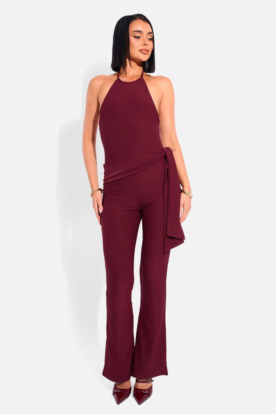 Public Desire Public Desire Women's Tie Back Luxe Slinky Jumpsuit Burgundy