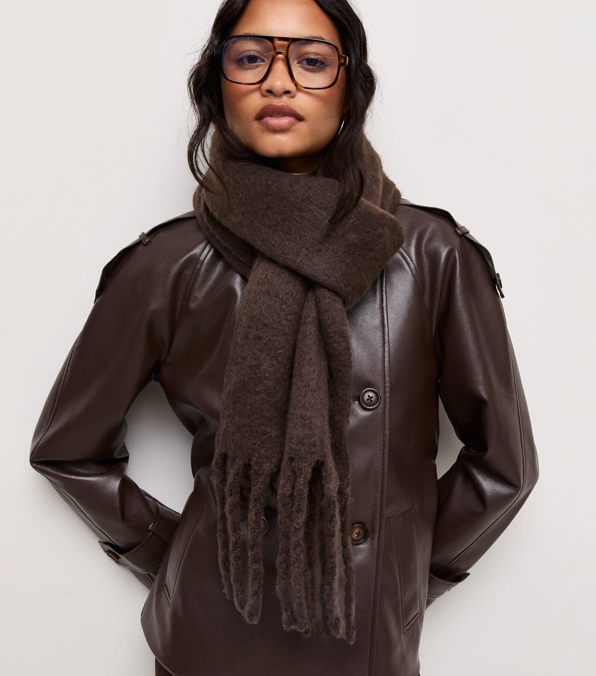 New Look Dark Brown Fringed Trim Knitted Scarf New Look