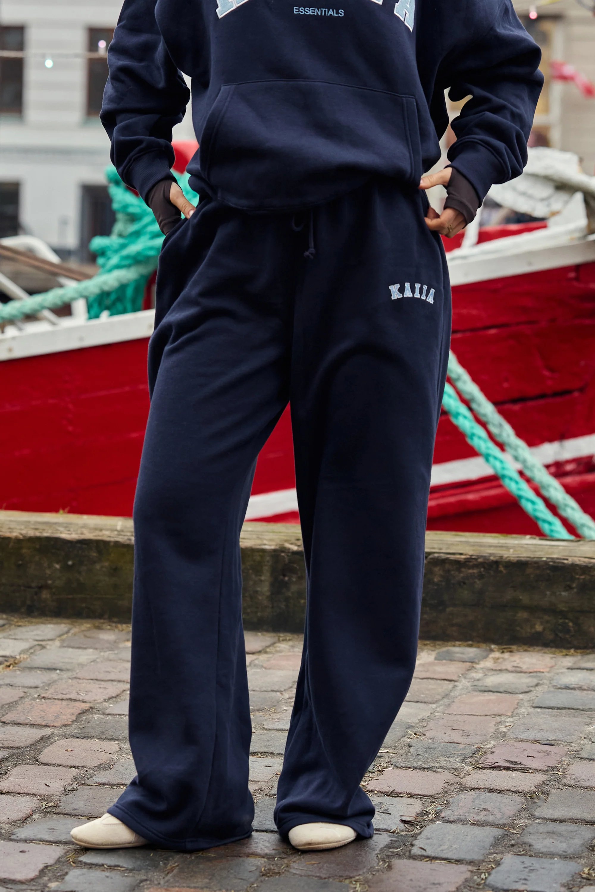 Kaiia Kaiia Slogan Mid Rise Wide Leg Joggers Navy & Baby Blue - 2