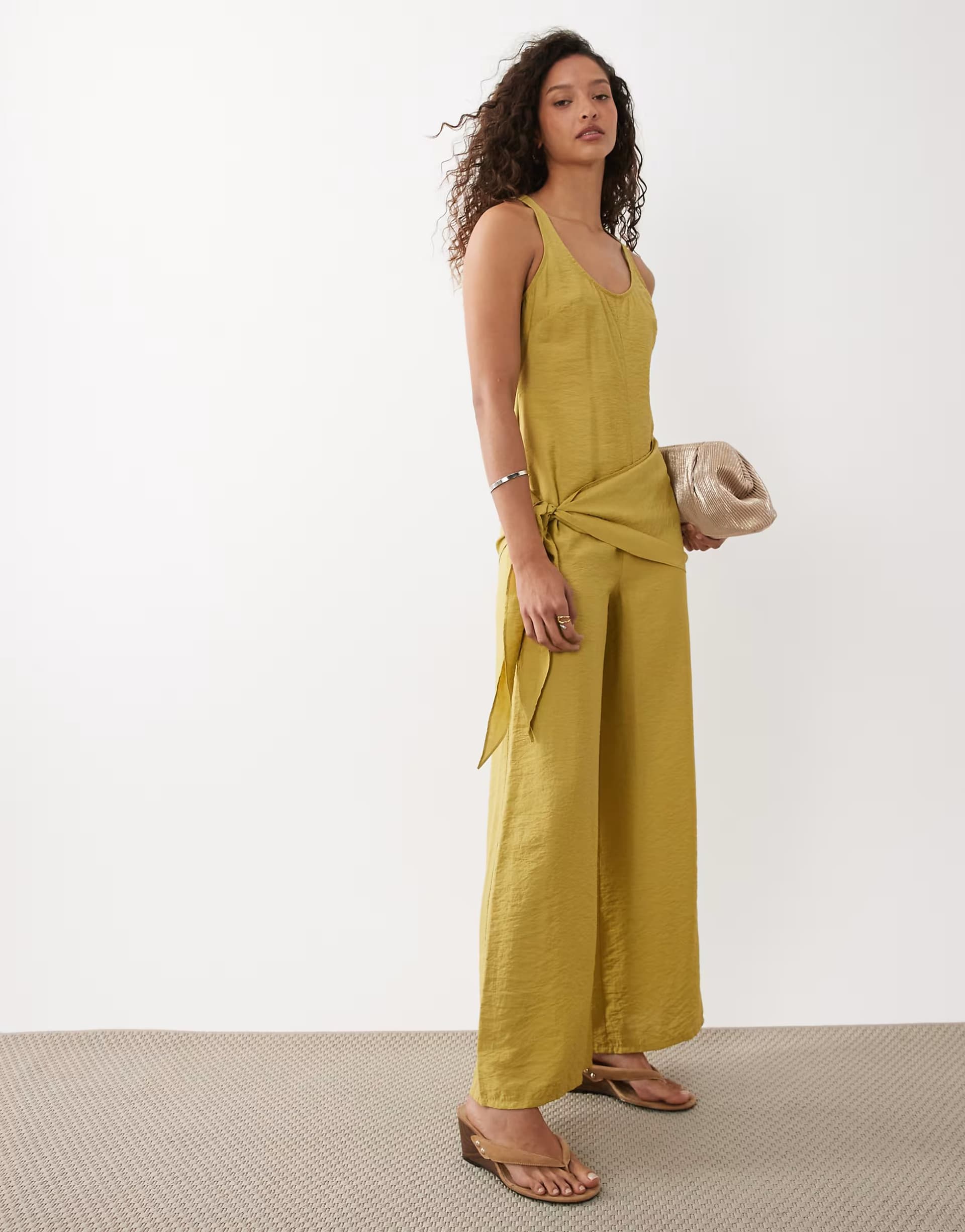ASOS ASOS DESIGN satin crinkle jumpsuit with scarf waist detail in chartreuse