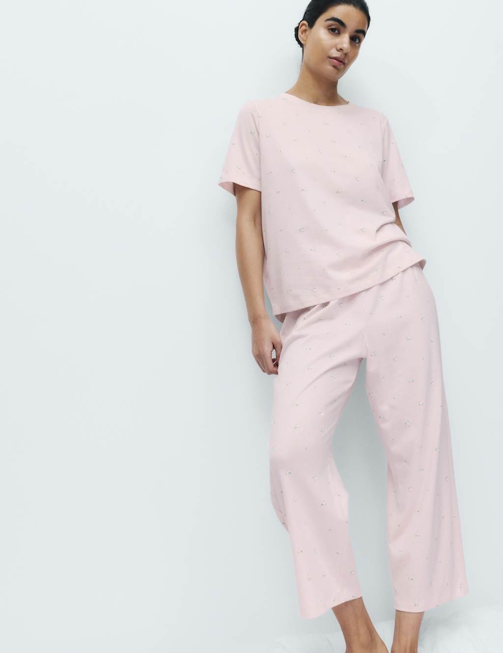 Marks & Spencer M&S Cotton Rich Printed Cropped Pyjama Set Pink Mix - 1