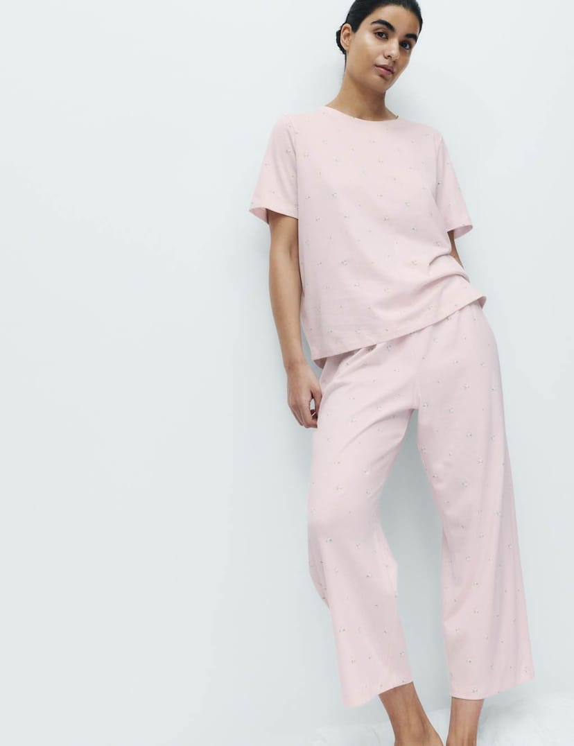 Marks & Spencer M&S Cotton Rich Printed Cropped Pyjama Set Pink Mix - 1