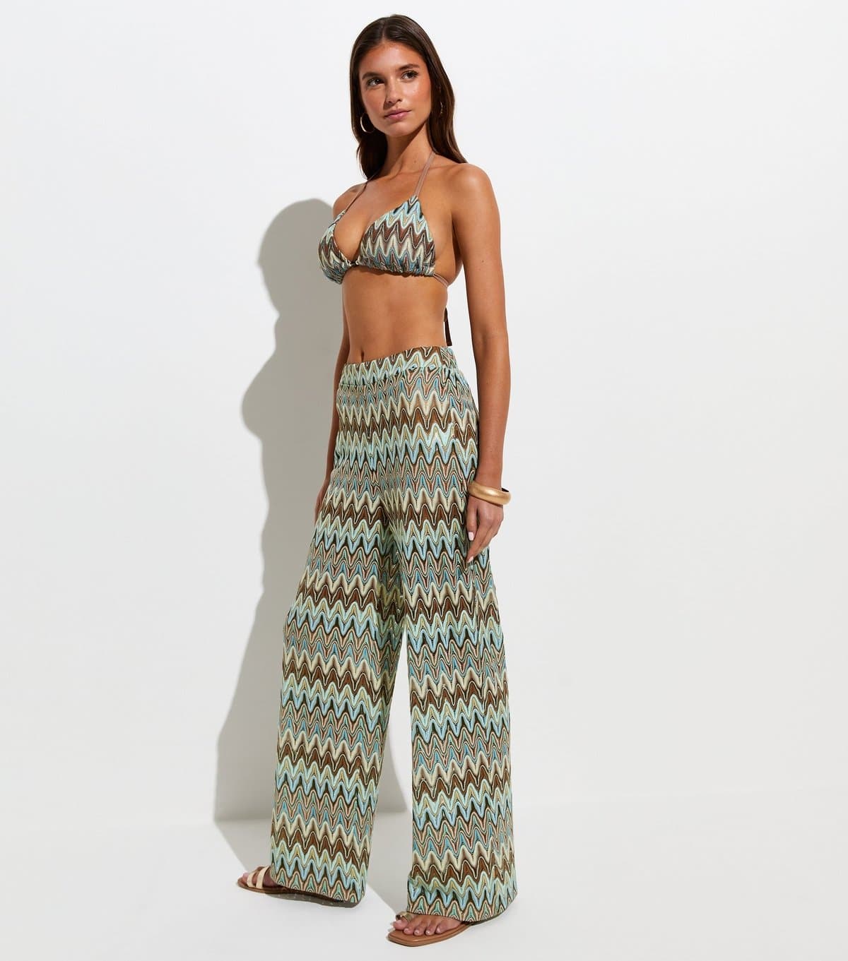 New Look Women's Blue Zig Zag Crochet Knit Beach Trousers New Look
