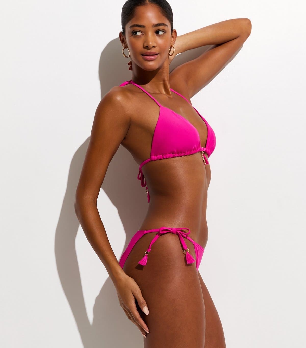 New Look Women's Bright Pink Tassel Trim Side Tie Bikini Bottoms New Look