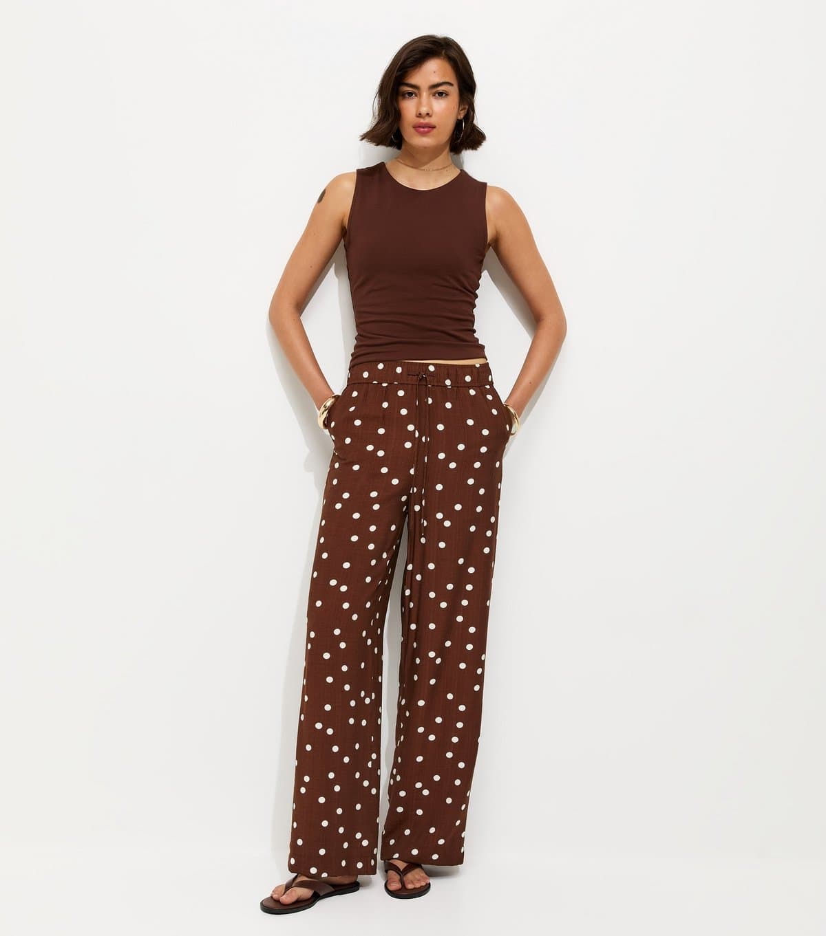 New Look Women's Brown Polka Dot Wide Leg Trousers New Look