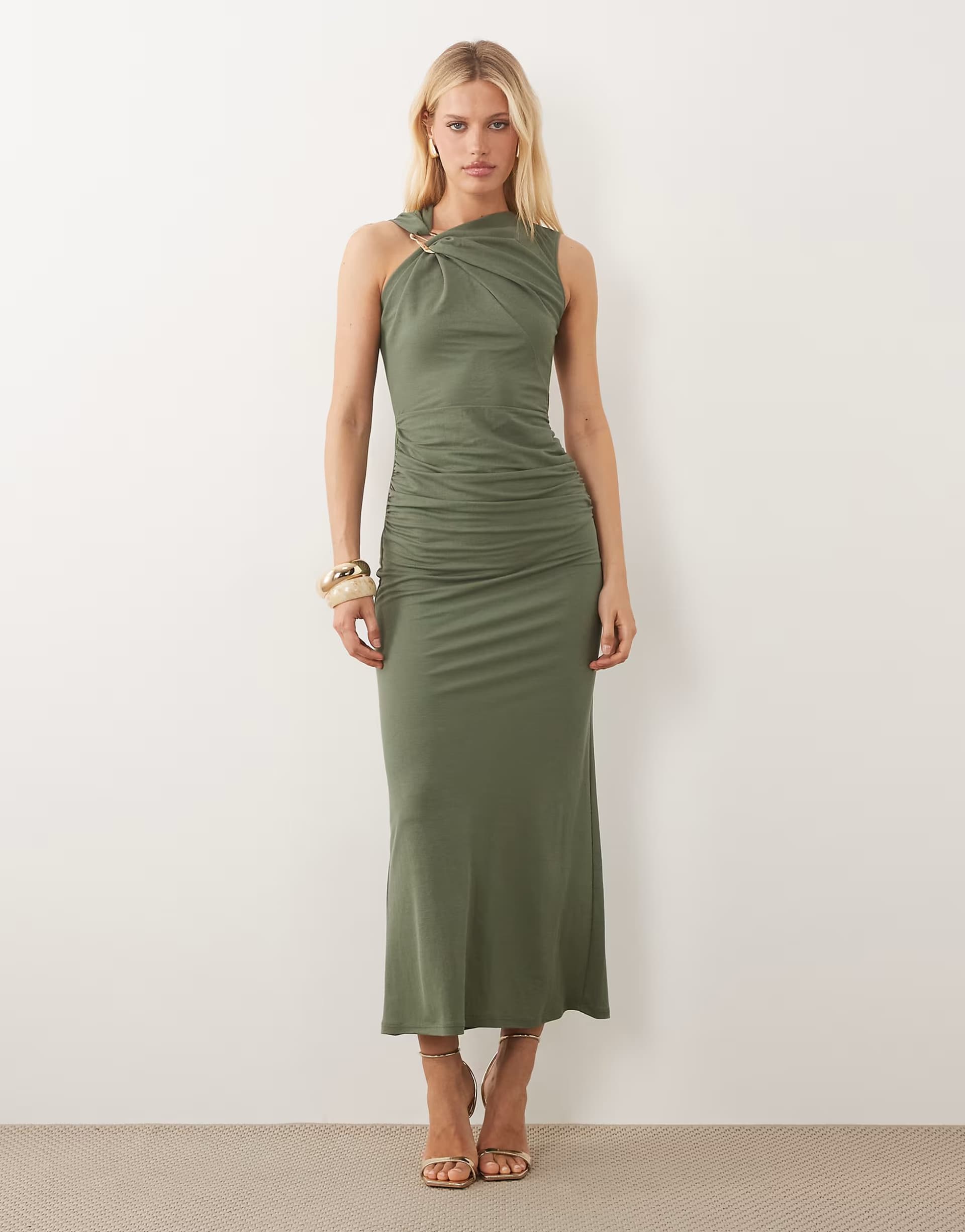 ASOS ASOS DESIGN sleeveless ruched midi dress with trim detail in khaki
