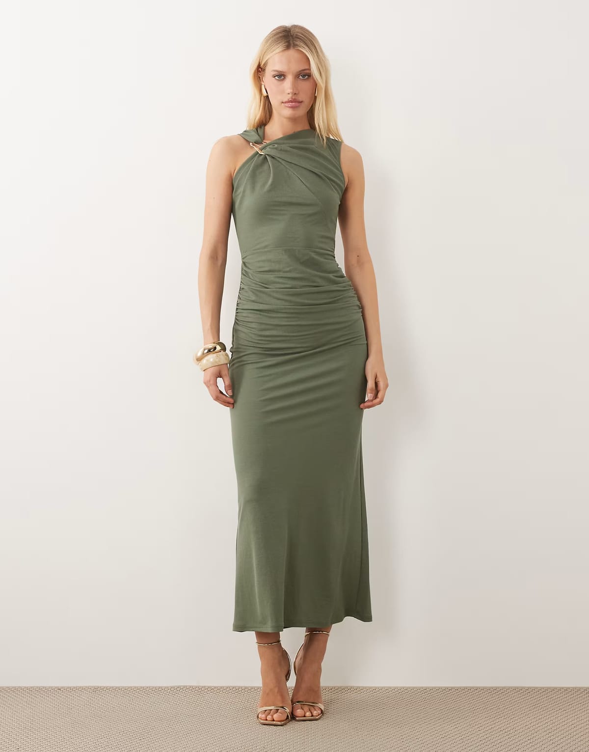ASOS ASOS DESIGN sleeveless ruched midi dress with trim detail in khaki - 1