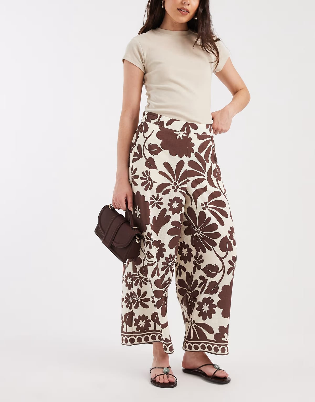 ASOS ONLY cropped wide leg trousers in brown floral print - 1