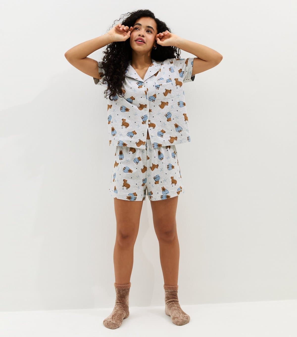 New Look Girls' Light Grey Capybara Print Shirt and Shorts Pyjama Set New Look