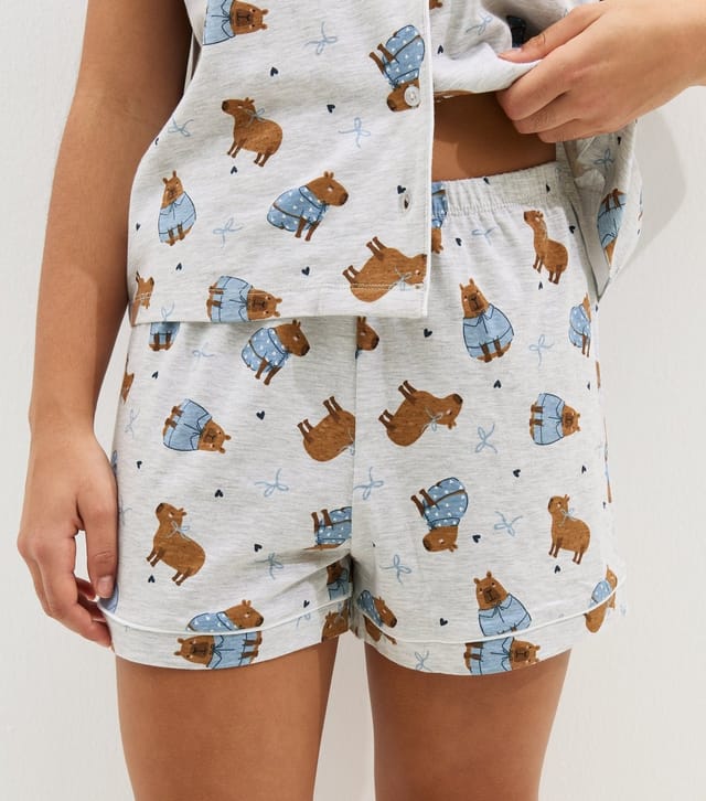 New Look Girls' Light Grey Capybara Print Shirt and Shorts Pyjama Set New Look - 2