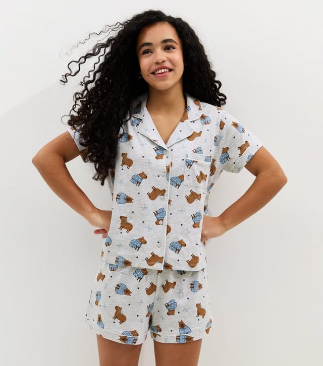 New Look Girls' Light Grey Capybara Print Shirt and Shorts Pyjama Set New Look - 3