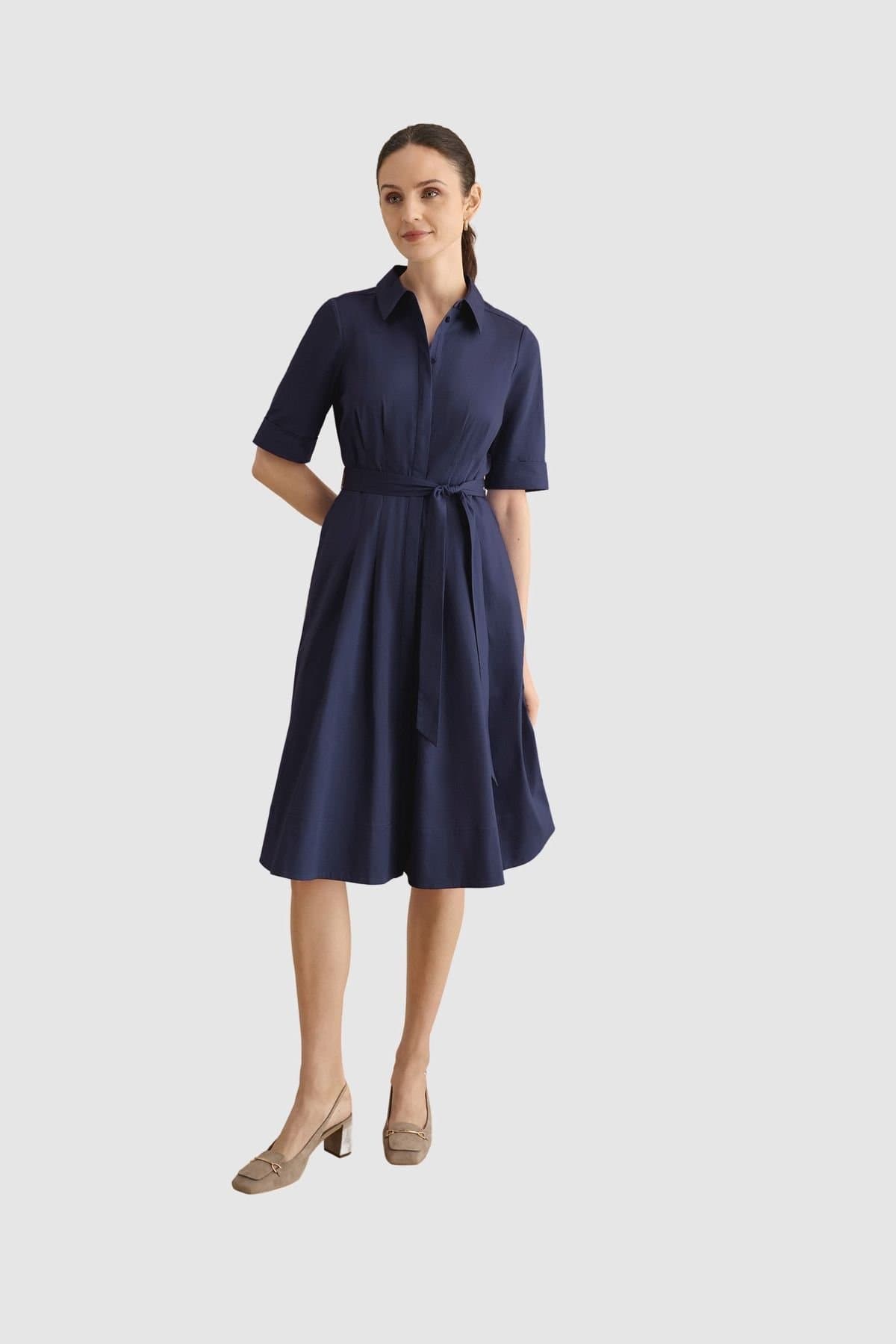 Hobbs London Hobbs London Women's Brigitta Pleated Tie Belt Shirt Dress in Dark Navy