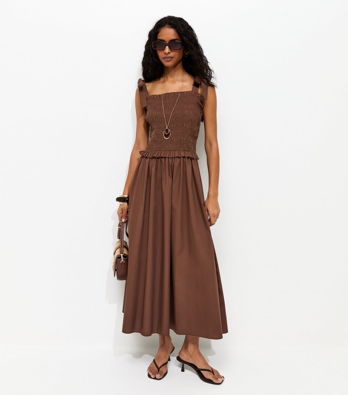 New Look Women's Dark Brown Cotton Shirred Tie Strap Midi Dress New Look