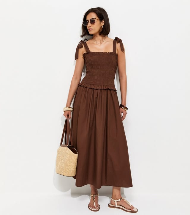 New Look Women's Dark Brown Cotton Shirred Tie Strap Midi Dress New Look - 2