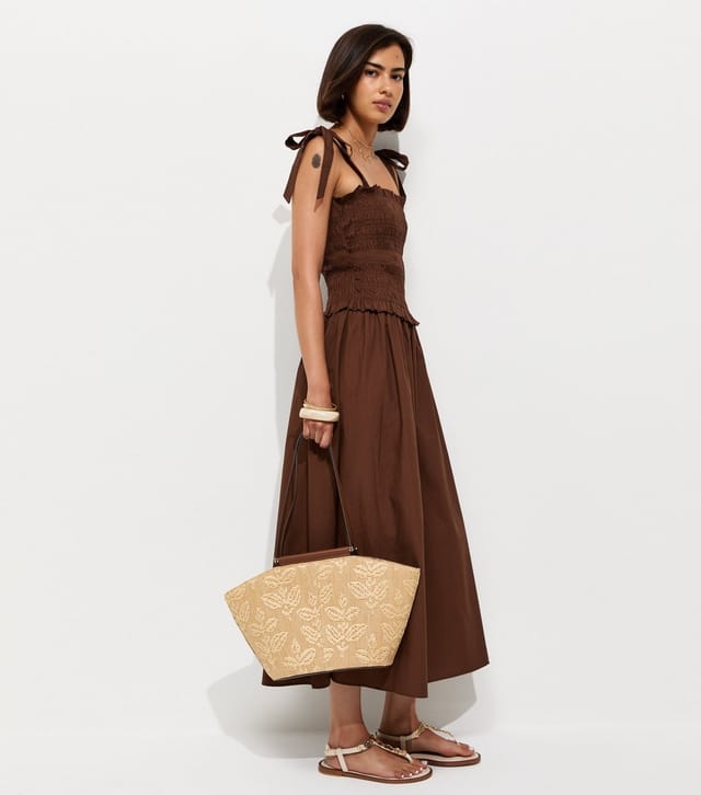 New Look Women's Dark Brown Cotton Shirred Tie Strap Midi Dress New Look - 3