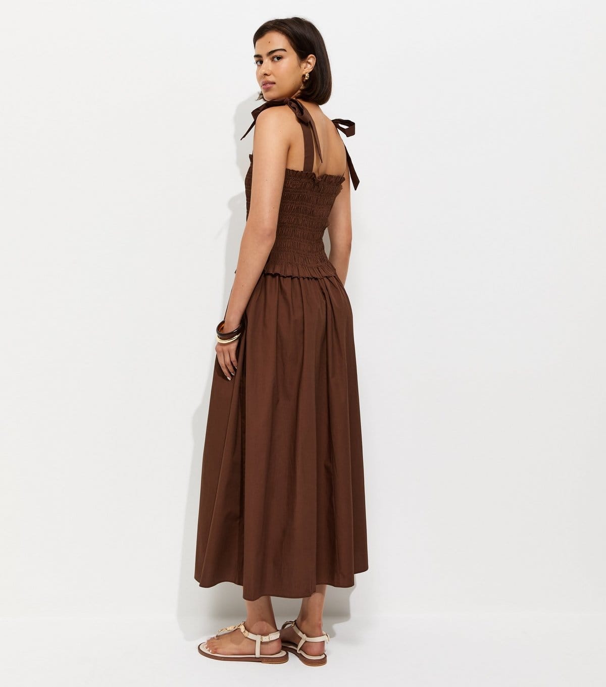 New Look Women's Dark Brown Cotton Shirred Tie Strap Midi Dress New Look - 4