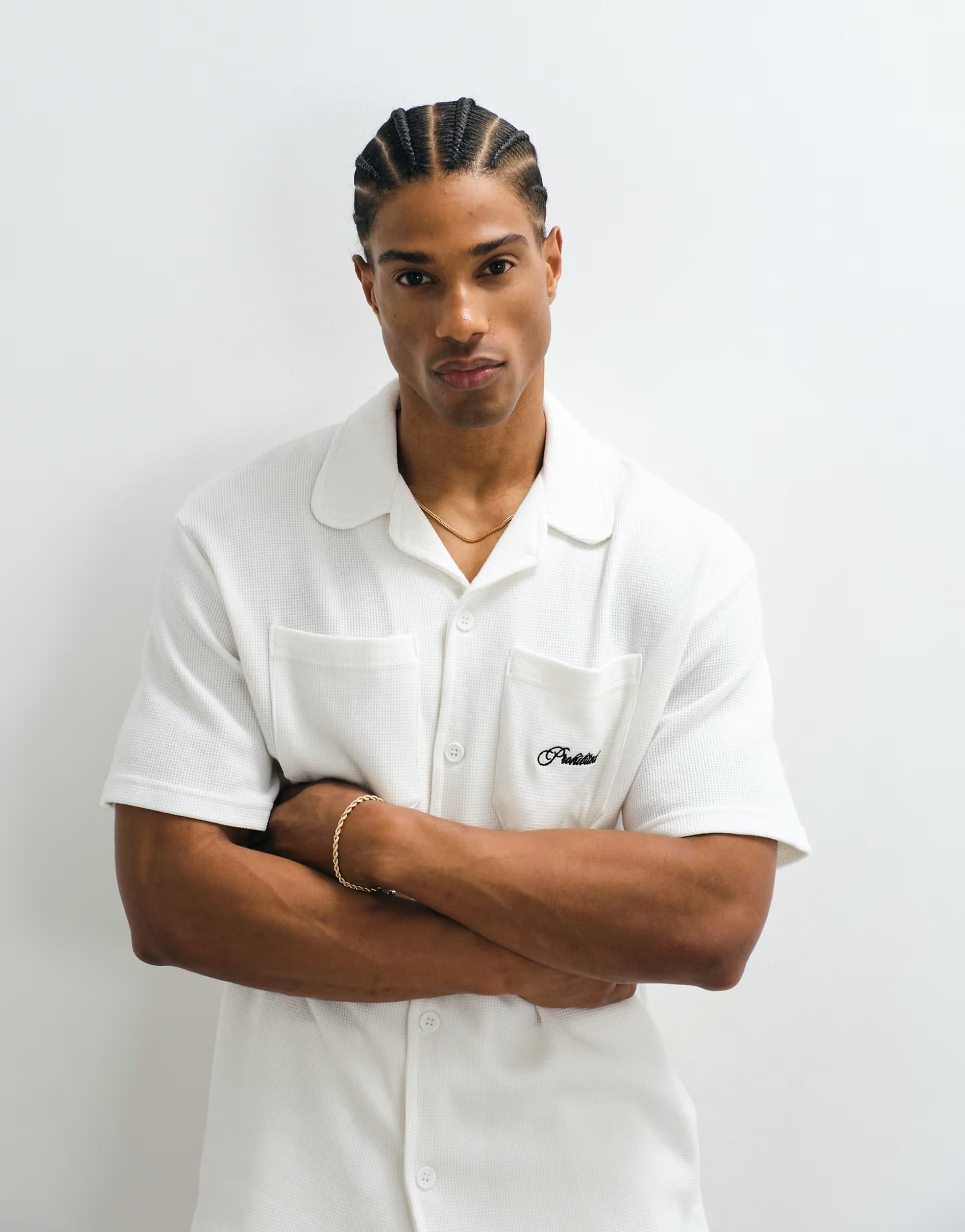 ASOS Prohibited short sleeve revere collar waffle shirt co-ord in off white