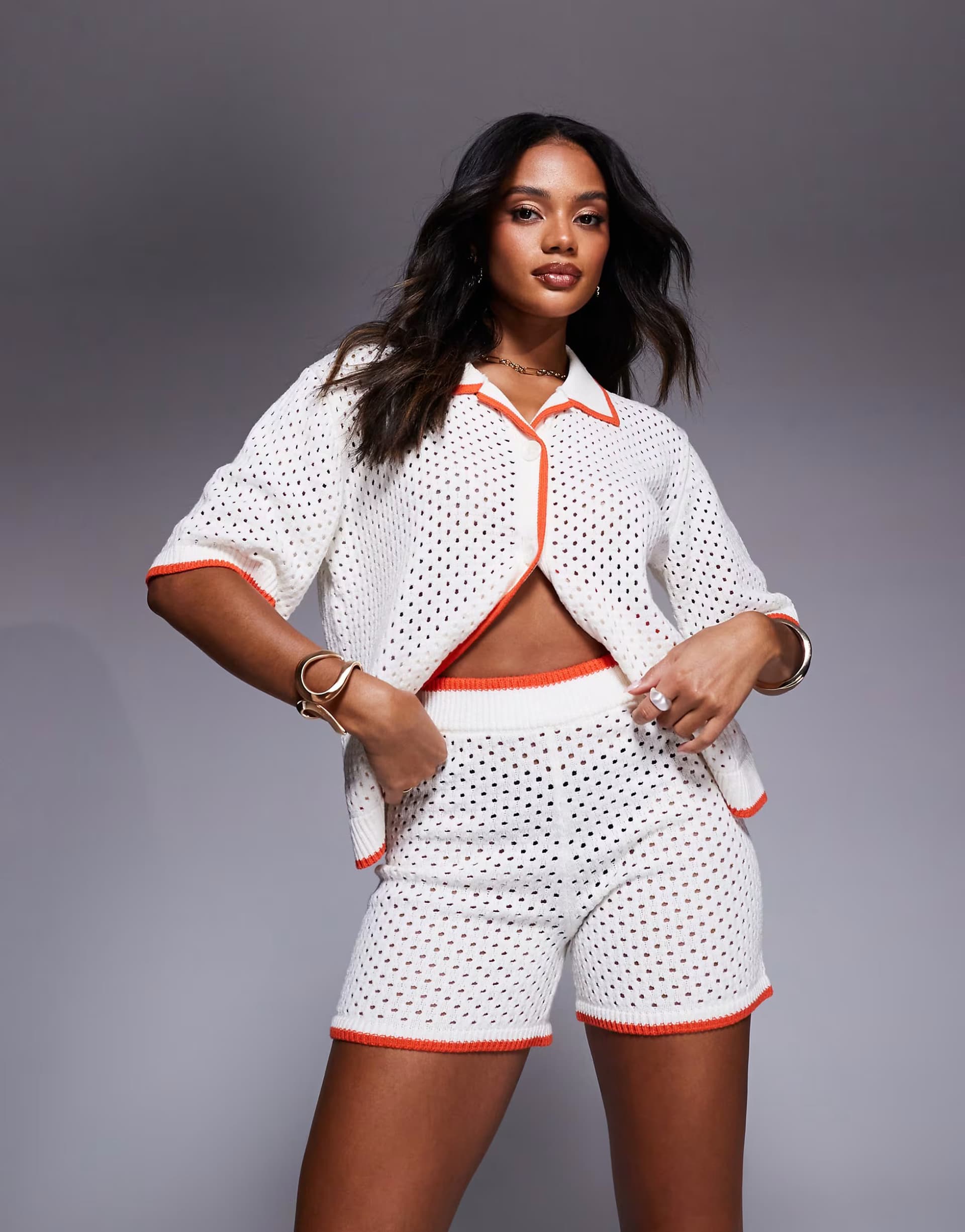ASOS Aria Cove crochet orange contrast trim beach shirt and shorts co-ord in white and orange