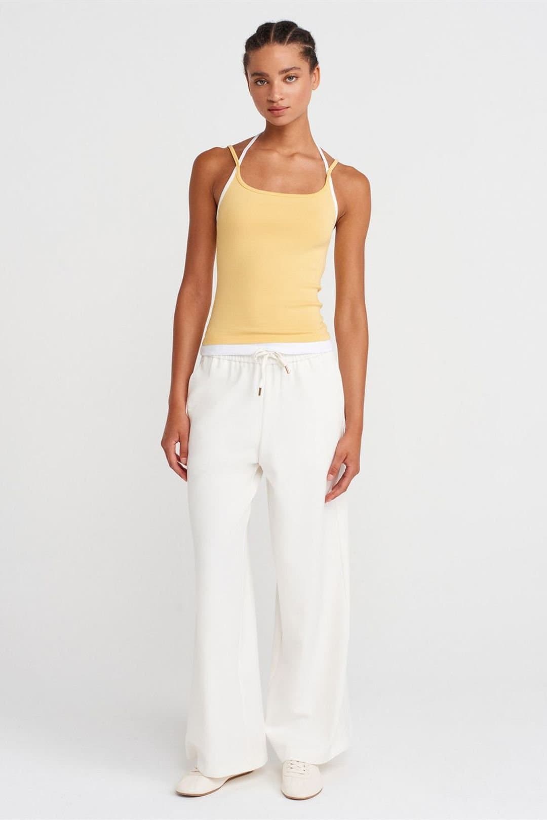 Dilvin Dilvin Women's Wide-Leg Woven Trousers With Drawstring Waist in White
