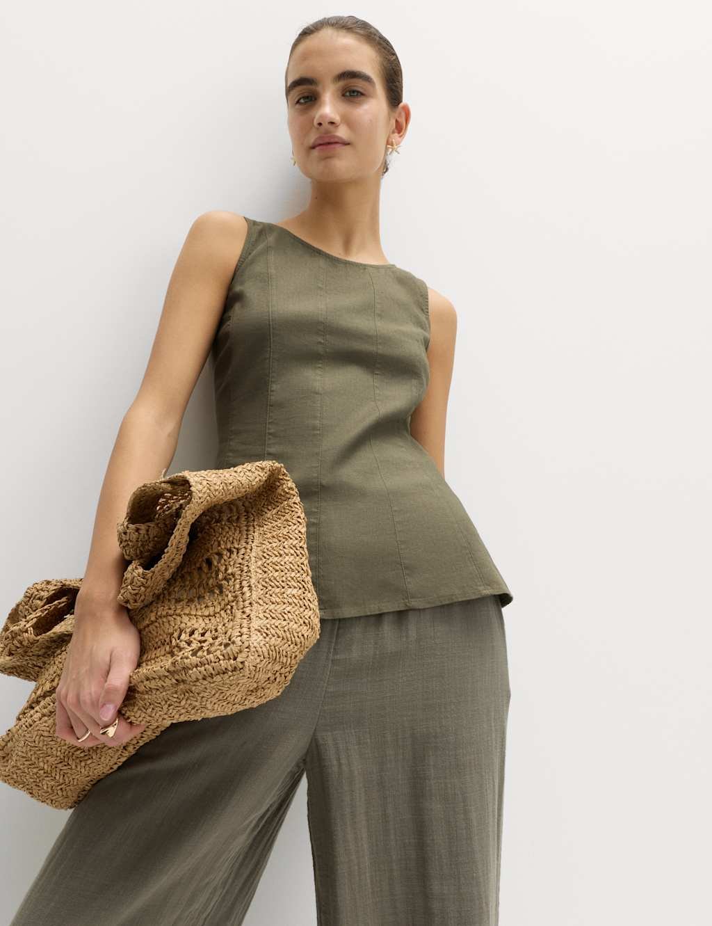 Marks & Spencer M&S Linen Rich Vest Top Dark Khaki - 4