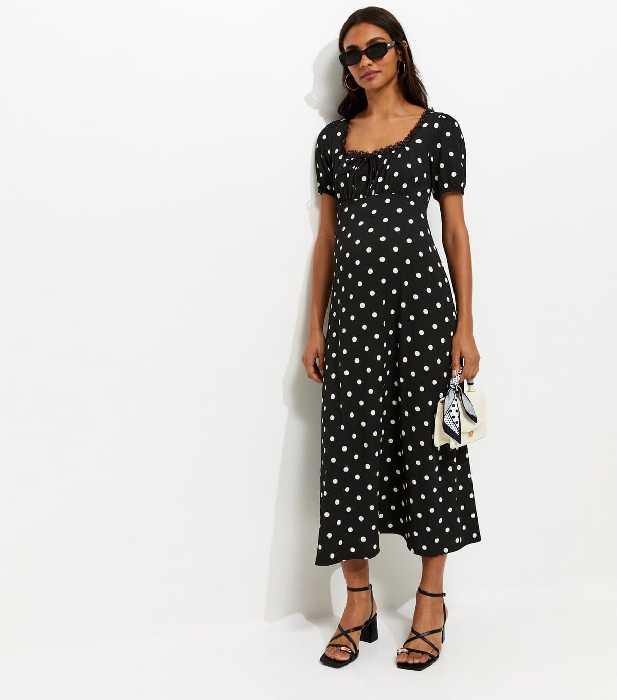 New Look Women's Maternity Black Polka Dot Milkmaid Midi Lace Dress New Look