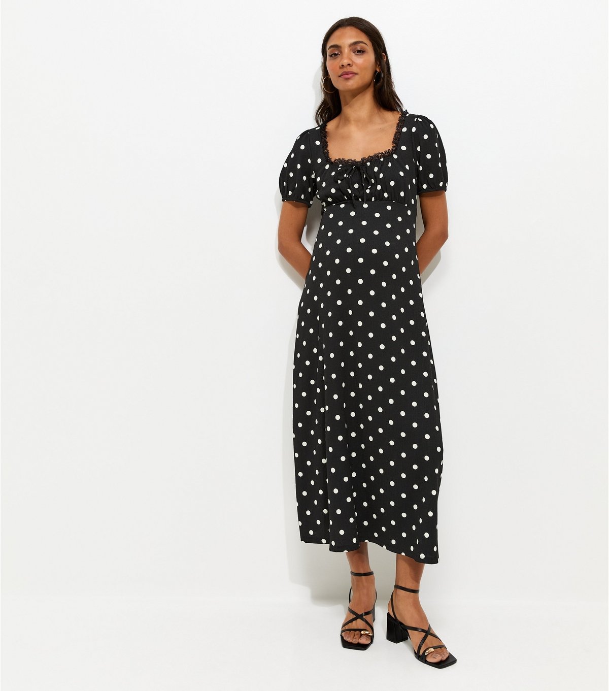 New Look Women's Maternity Black Polka Dot Milkmaid Midi Lace Dress New Look - 3