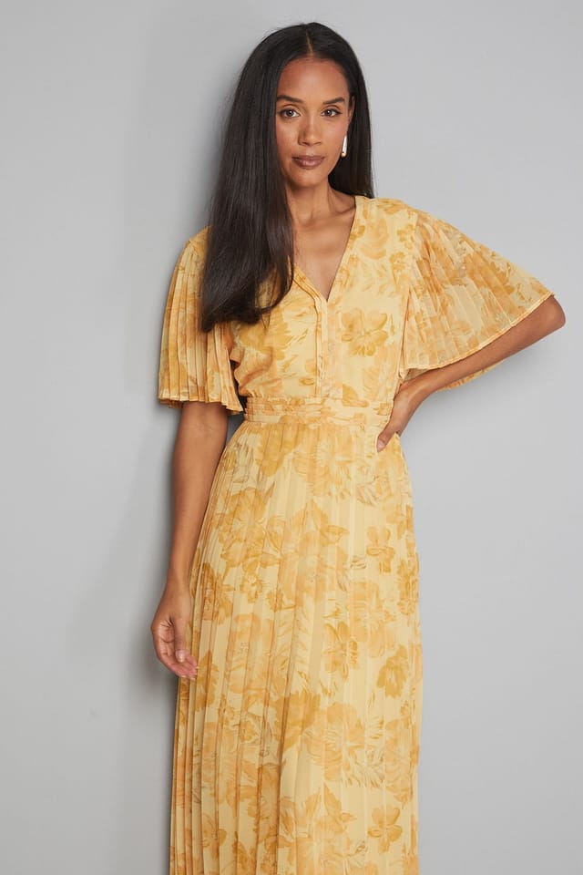 Wallis Wallis Women's Floral Chiffon Pleated Sleeve Midi Dress in Yellow - 2