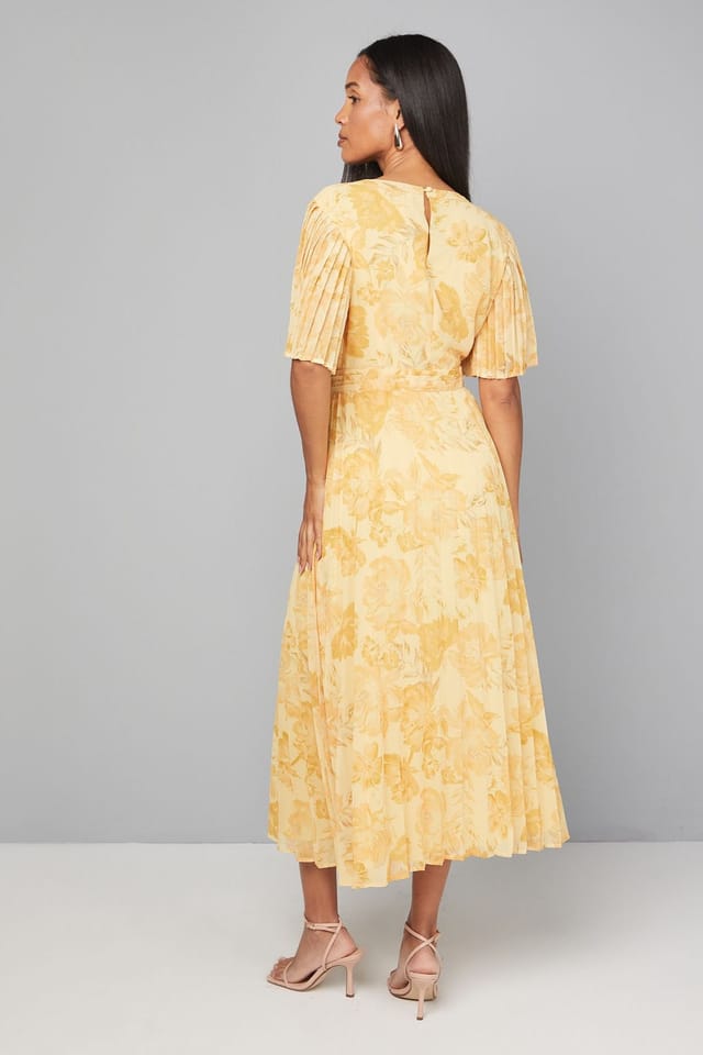 Wallis Wallis Women's Floral Chiffon Pleated Sleeve Midi Dress in Yellow - 3