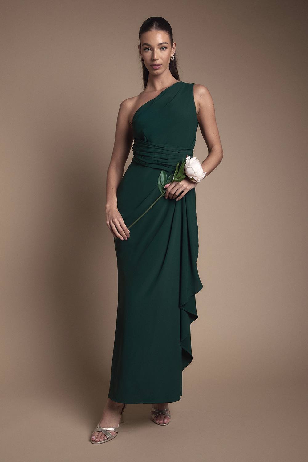 Coast Coast Women's One Shoulder Sash Waist Maxi Bridesmaid Dress in Emerald - 1