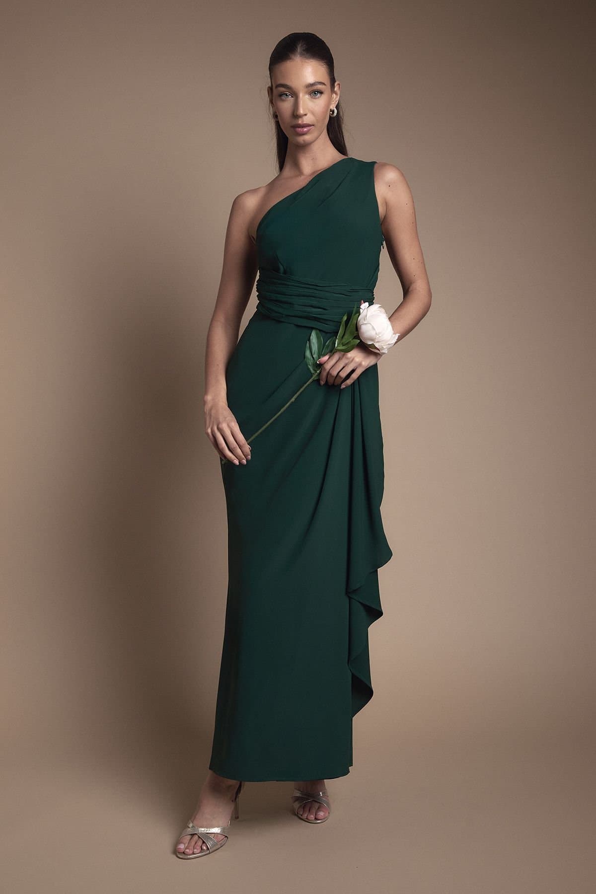 Coast Coast Women's One Shoulder Sash Waist Maxi Bridesmaid Dress in Emerald