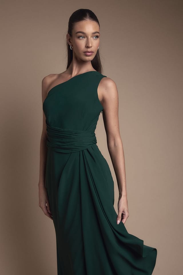 Coast Coast Women's One Shoulder Sash Waist Maxi Bridesmaid Dress in Emerald - 2