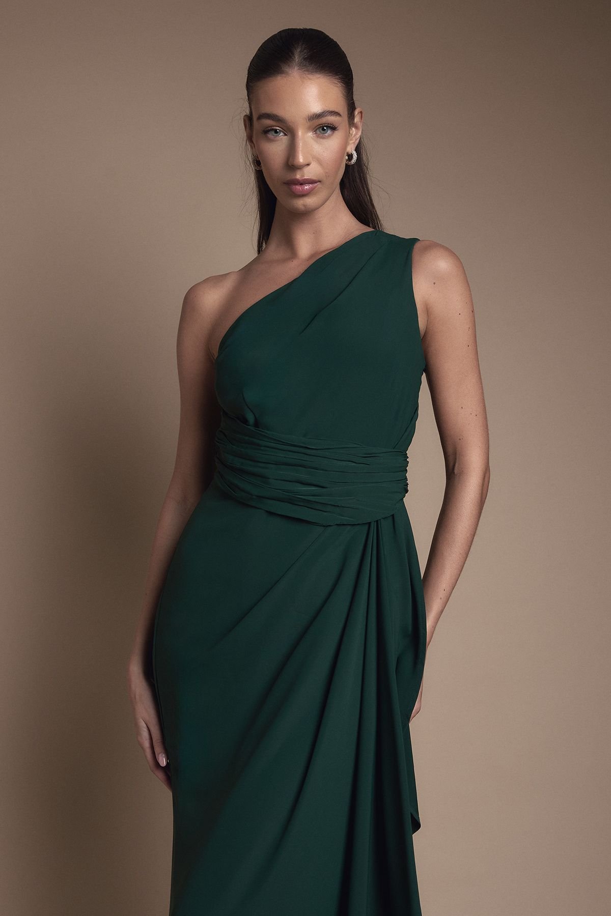 Coast Coast Women's One Shoulder Sash Waist Maxi Bridesmaid Dress in Emerald - 4