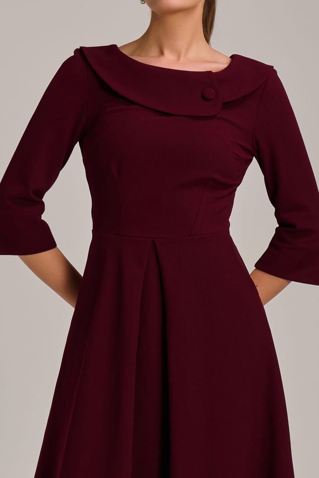Jolie Moi Jolie Moi Women's Fold Collar Button Detail Dress in Burgundy - 3