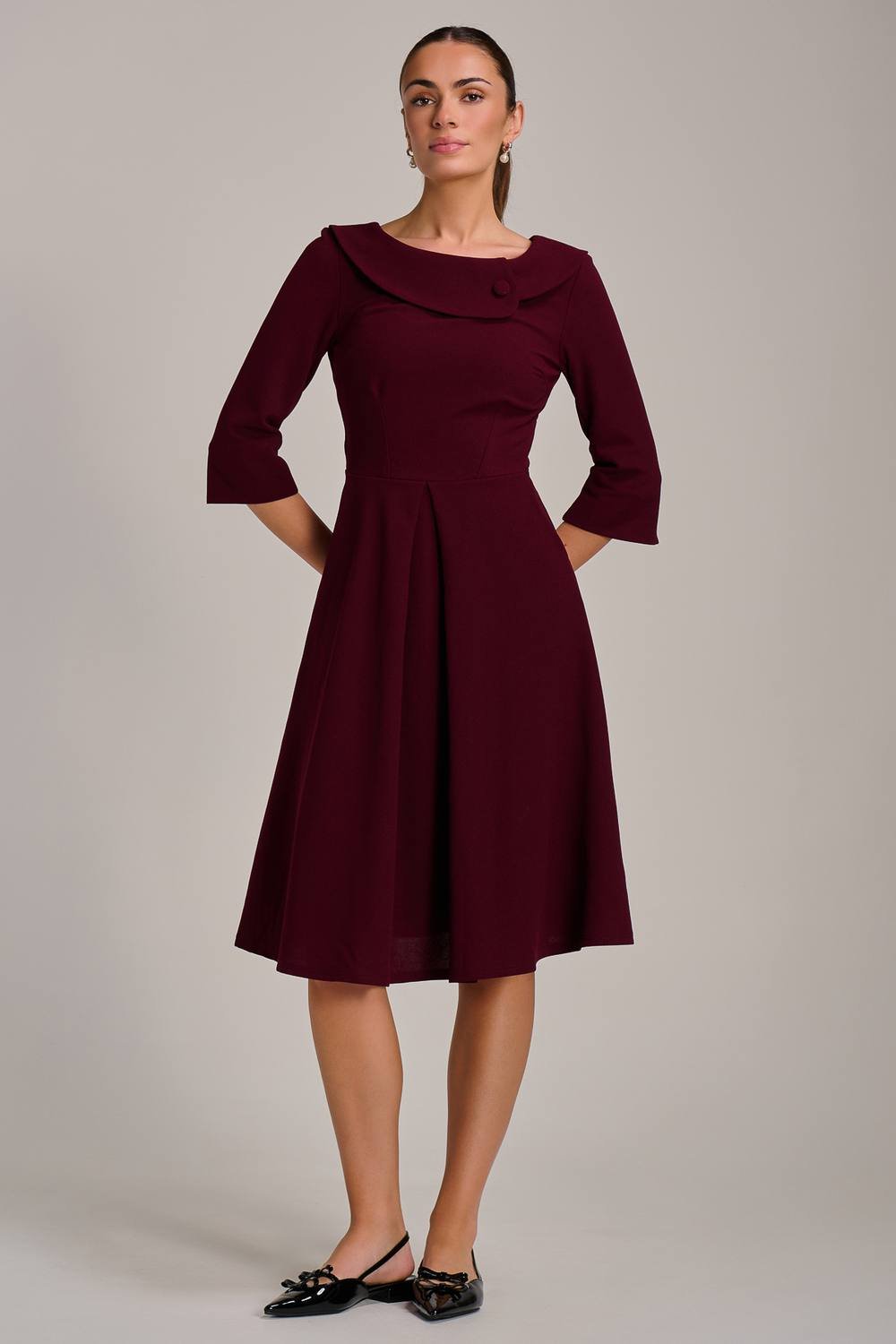 Jolie Moi Jolie Moi Women's Fold Collar Button Detail Dress in Burgundy - 4