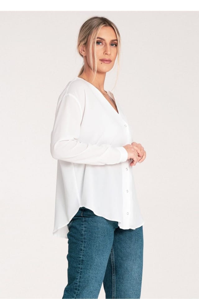 Love Lace Love Lace Women's Long Sleeve Press Stud Shirt Cheeky Neck in White - 2