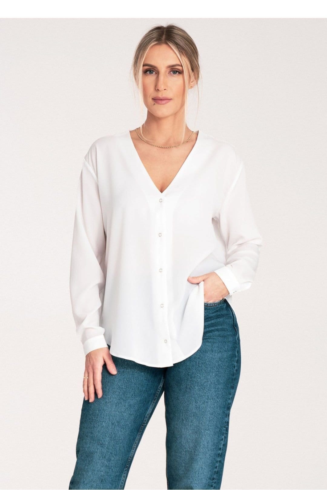 Love Lace Love Lace Women's Long Sleeve Press Stud Shirt Cheeky Neck in White - 4