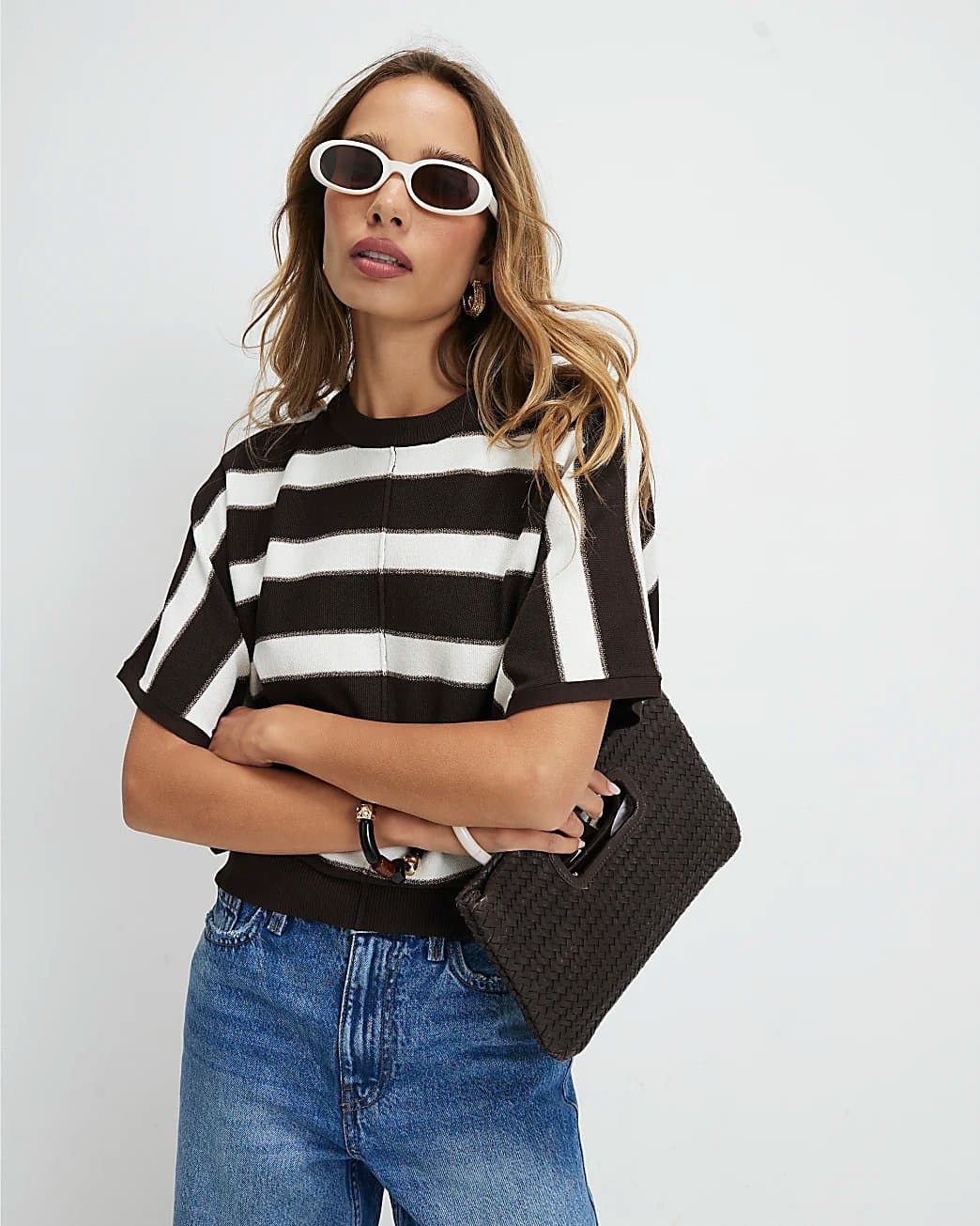 River Island River Island Womens Cream Knitted Striped Short Sleeve T-Shirt
