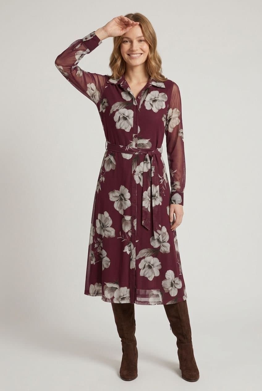 Izabel London Izabel London Women's Floral Sheer Layered Midi Shirt Dress in Wine