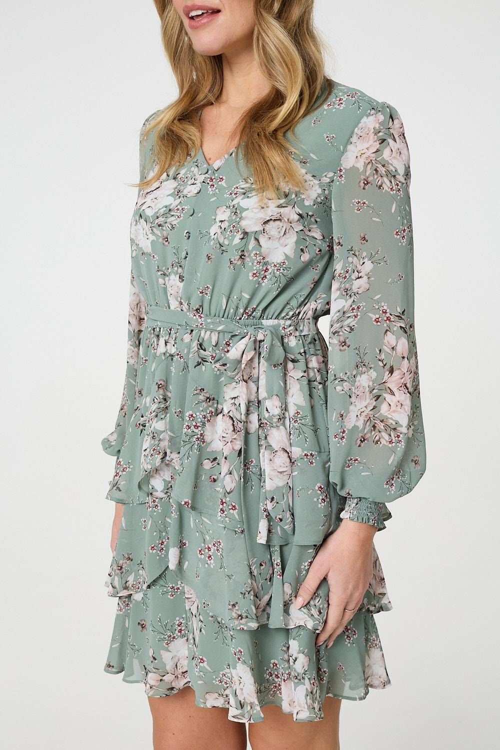 Izabel London Izabel London Women's Vintage Floral Long Sleeve Skater Dress in Green - 2